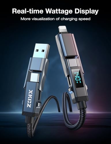 4 in 1 USB C Cable with Wattage Display, 140W Round Nylon Braided Multi Charging Cable with Data Sync, USB C Charging Cord Combo Type C/USB A/iPhone Port for iPhone/iPad/Samsung/Laptop, 3FT - size: 3FT, style: 140W