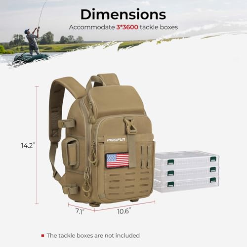 Piscifun Fishing Tackle Backpack, Rod & Gear Holder, Water-Resistant | 15L storage, breathable padding & adjustable shoulder straps, MOLLE panel, Khaki - color: Khaki, size: Standard