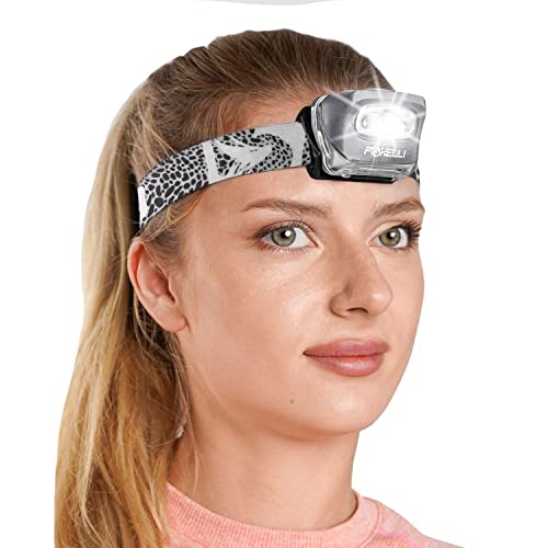 Foxelli LED Headlamp Flashlight for Adults & Kids, Running, Camping, Hiking Head Lamp with White & Red Light, Comfortable Headband, Lightweight & Waterproof, 3 AAA Batteries - color: Spotted