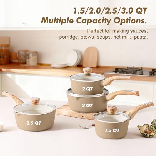 SENSARTE Ceramic Nonstick Sauce Pan with Lid, 2.5 Quart Saucepan with Double Spout, Large Cooking Pot, Non toxic Kitchen Sauce Pot, Non stick Saucier Pan, Induction Cookware, PFOA PTFE PFAS Free - color: Ceramic Taupe, size: 2.5 Quarts