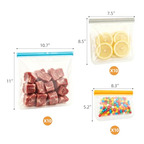 30 PCS Reusable Freezer Bags Washable, BPA Free Leakproof Food Storage Bags for Fruit, Meal Prep, Freezing Meat- 10 Gallon 10 Sandwich 10 Snack
