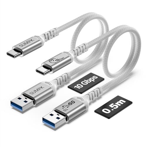 USB 3.1 Gen 2, 10Gbps USB A to USB C Cable, 1.5ft 2 Packs, White | Short cable, 3A Fast Charging, Braided, Compatible for Android Auto, CarPlay, Galaxy, iPad, iPhone 15/14/13, SSD - color: White, size: 1.5 ft