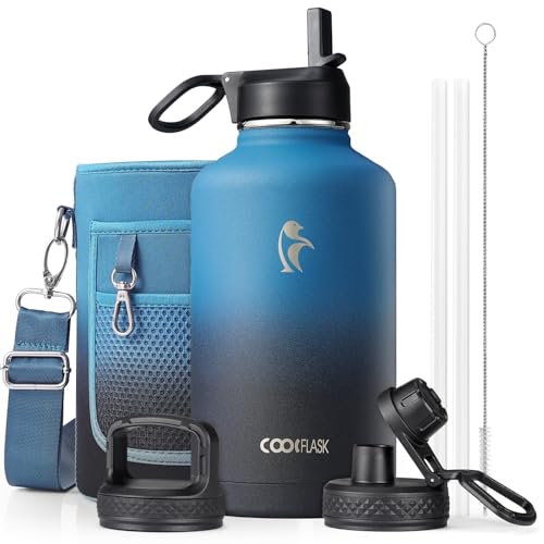 Coolflask Half Gallon Water Bottle Insulated with Straw & 3 Leakproof Lids | 64 oz Large Water Jug Stainless Steel Triple-Wall, Cold 48+h/Hot 24+h Dishwasher Safe, BPA-Free, for Sports Gym & Hiking - color: Samurai Cyan, size: 64 Ounces