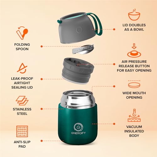 Vacuum Insulated Food Jar. Large 17oz Bowl incl. Folding Spoon, Cup. Wide Mouth Keep Hot & Cold Drinks Soup Lunch Container for Adults. BPA-Free Stainless Steel, Proof Brilliant Green - color: 17oz Brilliant Green