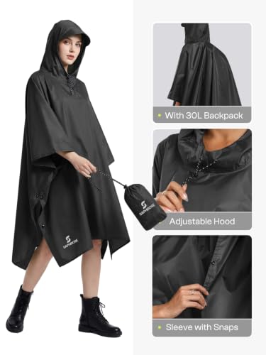 SaphiRose Hooded Rain Poncho Waterproof Raincoat Jacket for Men Women Adults - color: Black 2-pack