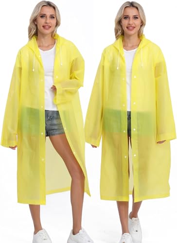 2-Pack Reusable Rain Ponchos for Adults, HOOMBOOM Raincoats Emergency for Women/Men with Drawstring and Sleeves - color: Yellow