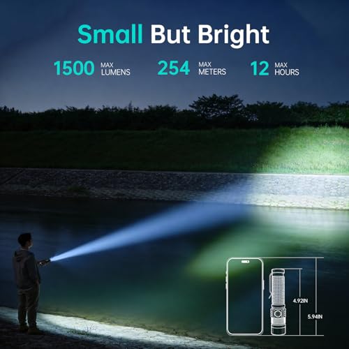 Hoxida Pocket EDC Tactical Flashlight Rechargeable Super Bright 1500lm | 4.9inch & Emergency One Click SOS, Small LED Flashlight 3Hr USB-C Fast Charging, Waterproof Portable for Camping, Hiking