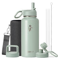 Coolflask 32 oz Water Bottle Insulated with Straw & 3 Leakproof Lids - color: Grey Green, size: 32 Ounces