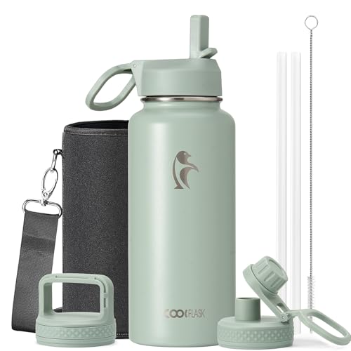 Coolflask 32 oz Water Bottle Insulated with Straw & 3 Leakproof Lids - color: Grey Green, size: 32 Ounces