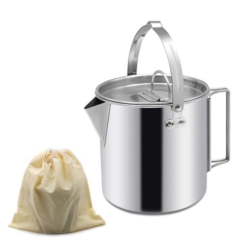Camping Tea Kettle, Portable 1.2L Coffee Pot, Silver | Outdoors Camping Pot, With Handles and Lids, For Camping Hiking Picnic, Backpacking