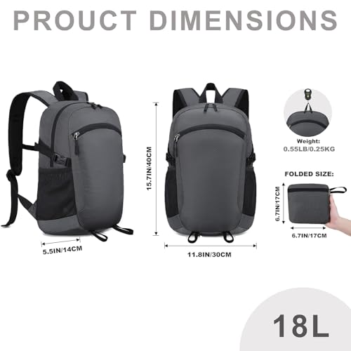 Lightweight Hiking Backpack 18L Packable Foldable Small Daypack Collapsible Travel Bag Water-Resistant for Women Men (Gray) - color: Gray, size: Small