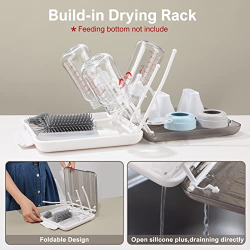Baby Bottle Brush,6 in 1 Bottle Cleaner Set with Extendable Silicone Bottle Brush,Drying Rack,Nipple & Straw Brushes,Soap Dispenser & Organizer Case,Ideal Gifts for Babies& Moms - color: White