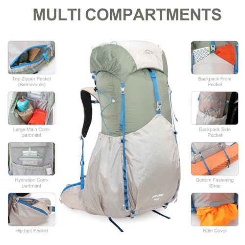IX INOXTO 55L Internal Frame Waterproof Hiking Camping Backpack with 3L Water Bladder and Rain Cover, Large Lightweight Travel Daypack Rucksack for Climbing (Light Gray) - color: Light Gray