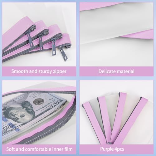 4 Pack Clear Money Envelopes for Cash Money Bag Pouch 7.6x3.7 inch | Waterproof TPU Money Bags With Zipper Cash Bag for Coin Invoice Bills Tools Cosmetics Rceipts School Supplies Gifts - color: Purple