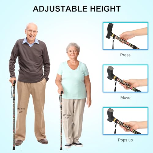 supregear Folding Cane, Lightweight 5-Level Adjustable Walking Stick with Wrist Strap and T-Handle, Portable Mobility Aid for Elderly and Disabled Men and Women - color: Floral Black