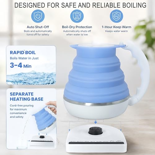 Portable Coffee Maker Pour Over, Travel Coffee Maker Set + Travel Electric Kettle With Temp Control, Collapsible Portable Tea Kettle for Traveling, Hotel, Office, BPA-Free Silicone, 110V, Blue - color: Blue+Blue