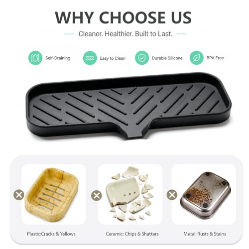 MicoYang Silicone Soap Dish with Drain Spout — Self-Draining Double Sink Organizer Tray for Kitchen & Bathroom, Dispensers, Sponges & Soap Holder, Non-Slip & Dishwasher Safe, Black (Large, 12"×4") - color: Black, size: L(12"×4")