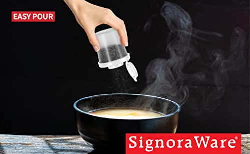 SIGNORAWARE Salt and Pepper Shakers Moisture Proof Set of 2 Medium Salt Shaker to go Camping Picnic Outdoors Kitchen Lunch Boxes Travel Spice Set Clear with White Lids Plastic Airtight Dispenser - size: Medium