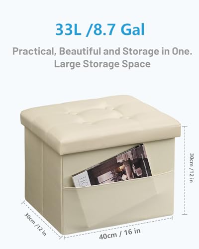 AmasSmile Ottoman with Storage,16" Folding Leather Foot Rest Chest,Beige - color: Beige 1 Pack, size: 16"*12"*12"with side pockets