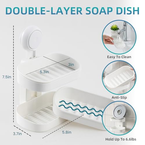 TAILI Soap Holder, Soap Dish for Shower Suction Cup, Bar Soap Holder, White | 2 Layer Removable Soap Holder Shower, Soap Tray for Shower Wall, No drill Sponge Holder, Bathroom & Kitchen, Bath Accessories - color: White, size: 2 Tier