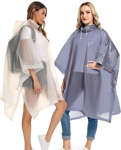 Reusable Rain Ponchos with Drawstring Hood for Adults, Waterproof Thicken Rain Coat, 2 Packs - color: White & Grey