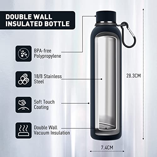 Exllena Slim Insulated Water Bottles for Travel 25oz with Clip, Double Wall Vacuum Stainless Steel Water Bottle Keeps Drinks Cold 24 Hrs/Hot 12 Hrs, 100% Leakproof, BPA Free(Black) - color: Black, size: 25.4 Ounces