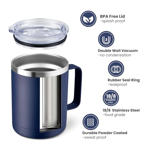 MEWAY 12oz Coffee Mug With Handle and Sliding Lid,Stainless Steel Travel Tumbler Cup with Handle,Double Wall Vacuum Insulated Camping Cup for Hot & Cold Drinks Tea (Navy,Set of 1 - color: Navy