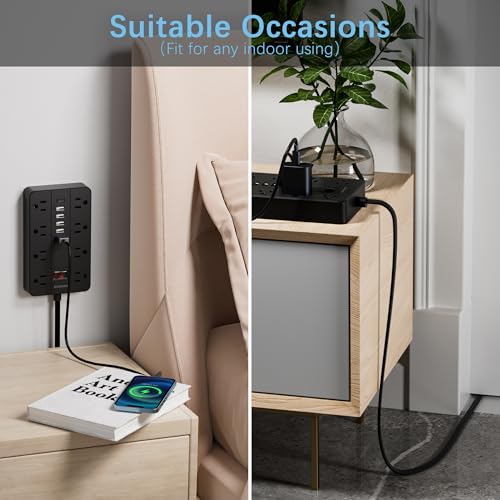 Power Strip 10Ft, Flat Plug Extension Cord with Multiple Outlets | 8 Widely Spaced Outlets 6 USB (1 USB C Port), Wall Mount Charging Station for Home and Office, Black - color: Black, size: 10FT