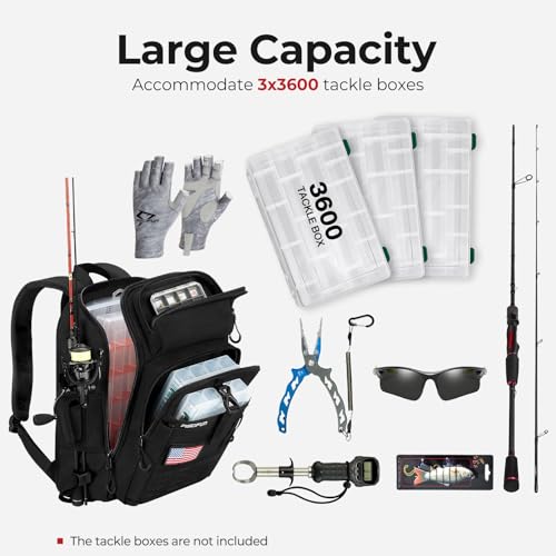 Piscifun Fishing Tackle Backpack, Rod & Gear Holder, Water-Resistant | 15L storage, breathable padding & adjustable shoulder straps, MOLLE panel, Black - color: Black, size: Standard