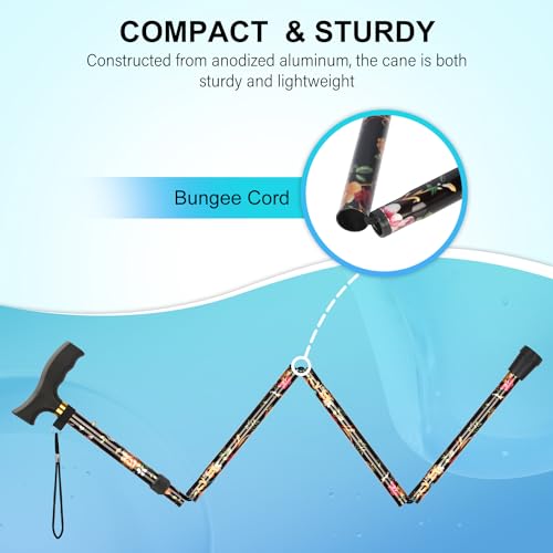 supregear Folding Cane, Lightweight 5-Level Adjustable Walking Stick with Wrist Strap and T-Handle, Portable Mobility Aid for Elderly and Disabled Men and Women - color: Floral Black