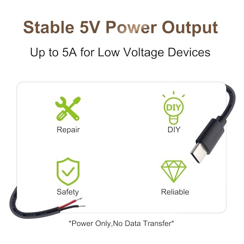 USB-C Power Pigtail to Bare Wire 20AWG 5V 5A Cable 1M 3.3ft 1 Pack