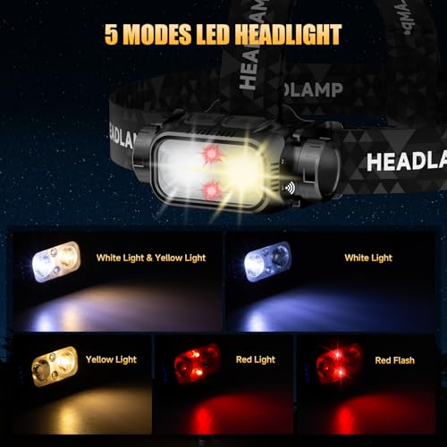 ATDOALL Rechargeable LED Headlamp, Lightweight Head Lamps for Adult Camping | Super Bright Headlight with White Warm Red Light, Motion Sensor, 5 Modes, 90° Adjustable, Waterproof for Hiking, Running - size: 1 Pack