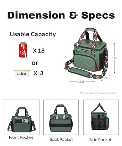 SUNNY BIRD 12L Large Insulated Lunch Bag, Foldable Lunch Cooler Box for Women Adult and Men, Fits 18 Cans (Green with Boho Strap) - color: Green with boho strap