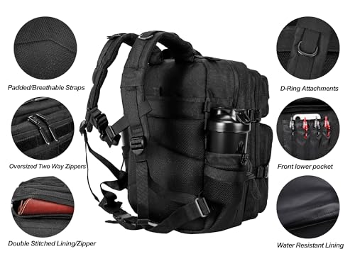 LHI Tactical Military Backpack for Men and Women 25L/35L Army Assault Pack Bag Small Rucksack with Bottle Holder - color: 2.0 35l-black, size: Medium