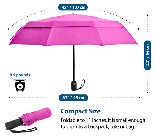 Windproof Travel Umbrella Auto Open Close, Compact 42" Folding Umbrella | Collapsible Rain Umbrella with Vented Double Canopy, Fiberglass and Steel Frame, Strong Wind Resistant - color: Pink