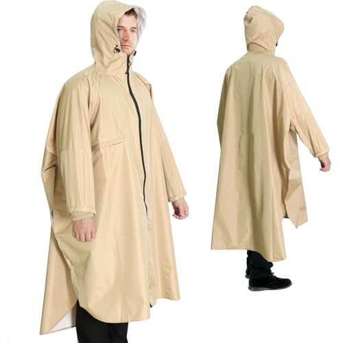 ANYOO Waterproof Rain Poncho for adults Lightweight Reusable Hiking Hooded Coat Jacket for Outdoor Activities - color: Khaki With Pocket