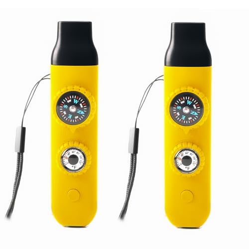 Emergency Survival Safety Whistle，Whistle for Kids with Lanyard,Compass,Thermometer,Ideal for Kayaking, Boating, Hiking, Camping, Climbing - color: Yellow 2pcs