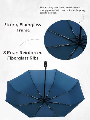 Windproof Travel Umbrella - Compact, Light, Full Automatic Open/Close - Folding Backpack Umbrella for Rain & Sun UV Preotection For Men & Women, Unbreakable 8 Fiberglass Ribs UK Design - color: Ocean Blue