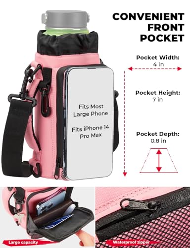 KEMIMOTO Water Bottle Holder Bag, Water Bottle Carrier with Adjustable Shoulder Strap, Water Bottle Pouch Holder for Hiking, Camping, Fishing, Compatible with YETI STANLEY SLM 32 oz, 40 oz, 64 oz - color: Pink, size: 40 oz