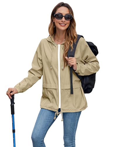 Hount Women Rain Jacket Lightweight Waterproof Packable Raincoat with Hood - color: Beige, size: XX-Large
