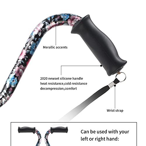 Elegant Walking Cane for Women, Foldable & Adjustable Cane for Seniors with Self-Standing Tip | Lightweight Mobility Aid for Stability & Balance Support - color: Black and pink floral printed