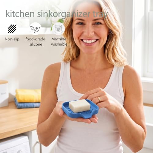 MicoYang Silicone Soap Dish with Drain Spout, Self-Draining Sink Organizer Tray for Bathroom & Kitchen, Sponges, Dispensers & Soap Holder, Non-Slip and Dishwasher Safe, Light Blue (Compact, 4.9"×3.2") - color: Light Blue, size: S(4.9"×3.2")