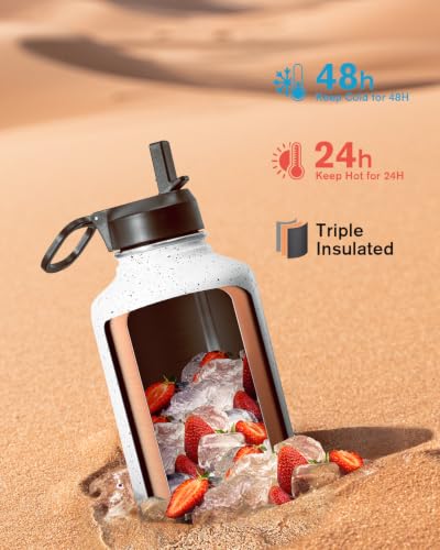 Half Gallon Water Bottle Insulated with Straw&3 Lids, Coolflask 64 oz Water Jug Galaxy Large Metal Stainless Steel flask for Gym, Sports and Office, Keep Cold 48H Hot 24H, Arctic White | 64 oz Large Water Jug Stainless Steel Triple-Wall, Cold 48+h/Hot 24+
