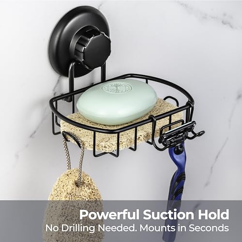 HASKO accessories Suction Soap Dish with Hooks - Super Powerful Vacuum Suction Cup Shower Soap Holder - Rustproof Stainless Steel SS304 Soap Basket - Sponge Holder for Bathroom & Kitchen (Black) - color: Black