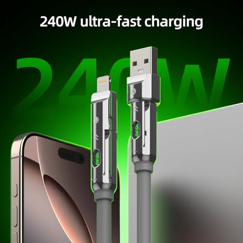 MFish USB C to USB C Cable, 240W 4 in 1 Charging Cable, Grey, 6.6FT | Carrying Case, USB-A & USB-C to USB-C/Lightning, For iPhone 17/16/15/14, MacBook, iPad, Laptop, Samsung S25/S24 - color: Grey, size: 6.6FT(Upgraded)