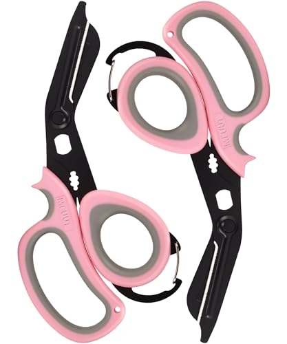 MEUUT All Purpose Scissors 2 Packs with Carabiner for Kitchen Outdoor | 7.5-inch heavy duty all purpose, Ambidextrous, micro-serrated stainless steel blades, integrated O2 wrench, soft rubber grip - color: Pastel Pink+pastel Pink