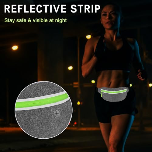 Running Belt Slim, Light Running Belts for Phone with Reflective Strip, Running Fanny Pack Sweatproof with Headphone Jack, Running Pouch Separate Pockets for Workouts, Trips (Light Gray)