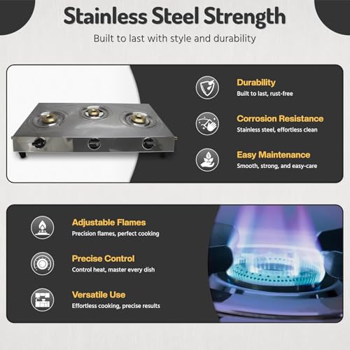 3 Burner Gas Stove Stainless Steel RV Cooktop Portable Camp Stove | Portable 3 Burner Gas Stove Top, Indian Style Gas Stove for Outdoor Grilling Kitchen with Hose & Regulator