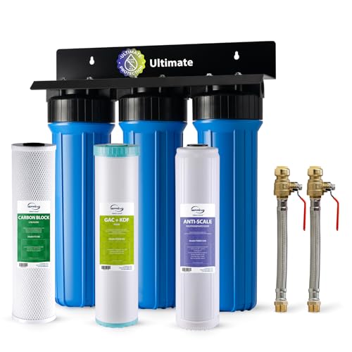 iSpring WGB32B-KDS+AHPF12MNPT16X2 Whole House Water Filtration System, Reduces Lead, Scale, Chlorine, Chloramine, 3-Stage Whole House Water Filter w/ 3/4'' Push-Fit Stainless Steel Hose Connectors - style: Ultimate Protection
