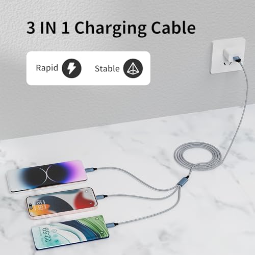 Multi Charging Cable(3Pack 4FT), 3 in 1 Charging Cord for Multiple Devices | Nylon Braided Multiple Charger Cord, USB Cable Universal Charger with Type-C, Micro USB and IP Port for Cell Phones and More - color: Gray White, size: 3Pack 4 ft